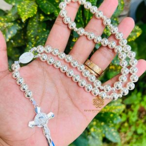 Tràng Hạt Mân Côi 50 Hạt Bạc Ta Size 8mm. Có Thánh Giá Và Đức Mẹ Ban Ơn Mẫu Thiết Kế Riêng Thánh Giá Kiểu 1