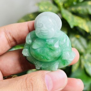 Alternative view of Tượng Di Lạc Cẩm Thạch Xanh Lý Cao Cấp Nghệ Nhân Việt Nam Chạm Khắc Tỉ mỉ. Tượng cao 45mm ngang 44mm.