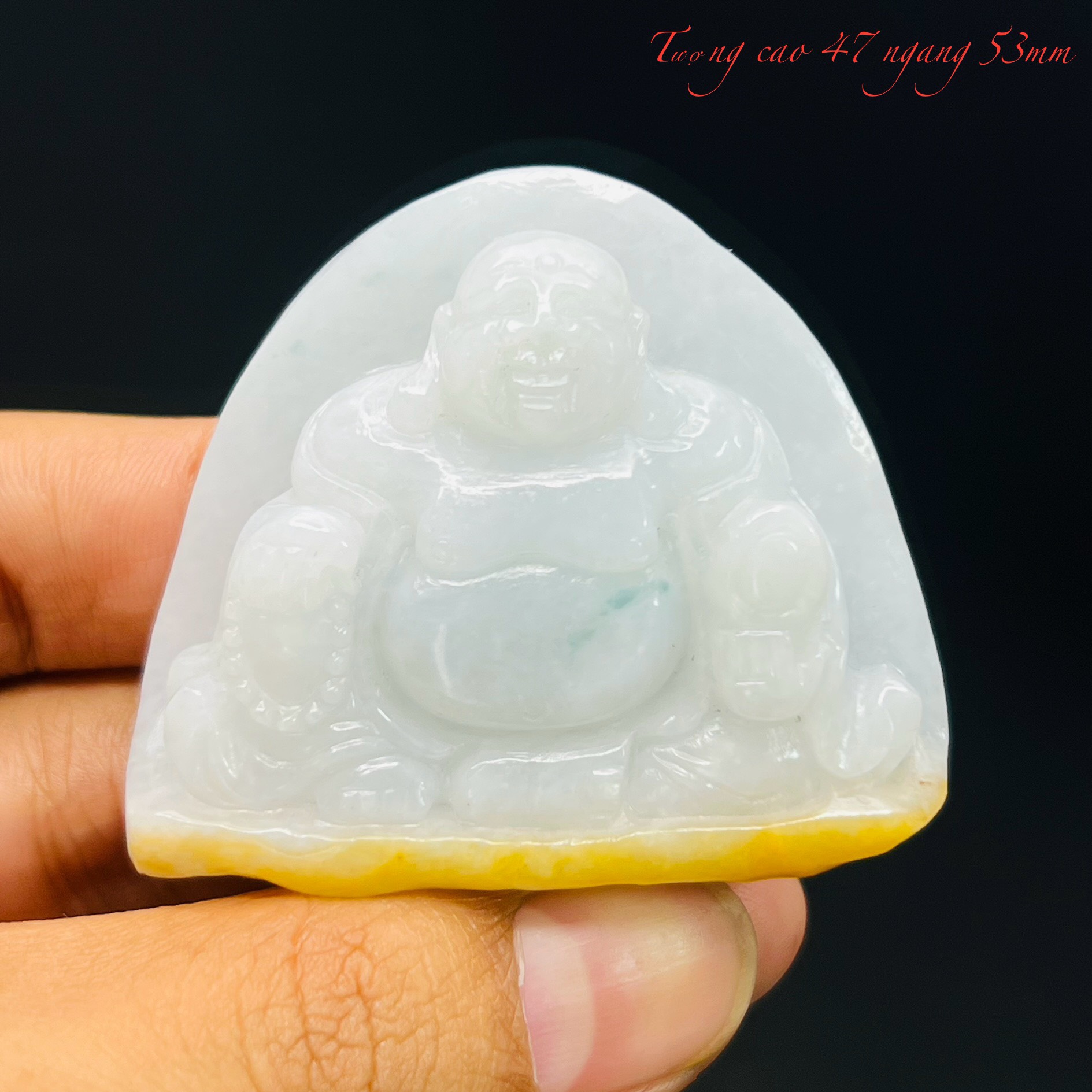 Tượng Di Lạc Tạc Từ Đá Cẩm Thạch Huyết Tách Màu tỉ mỉ Chất Đá Đẹp. Thông đèn, Tượng cao 47mm ngang 53mm.